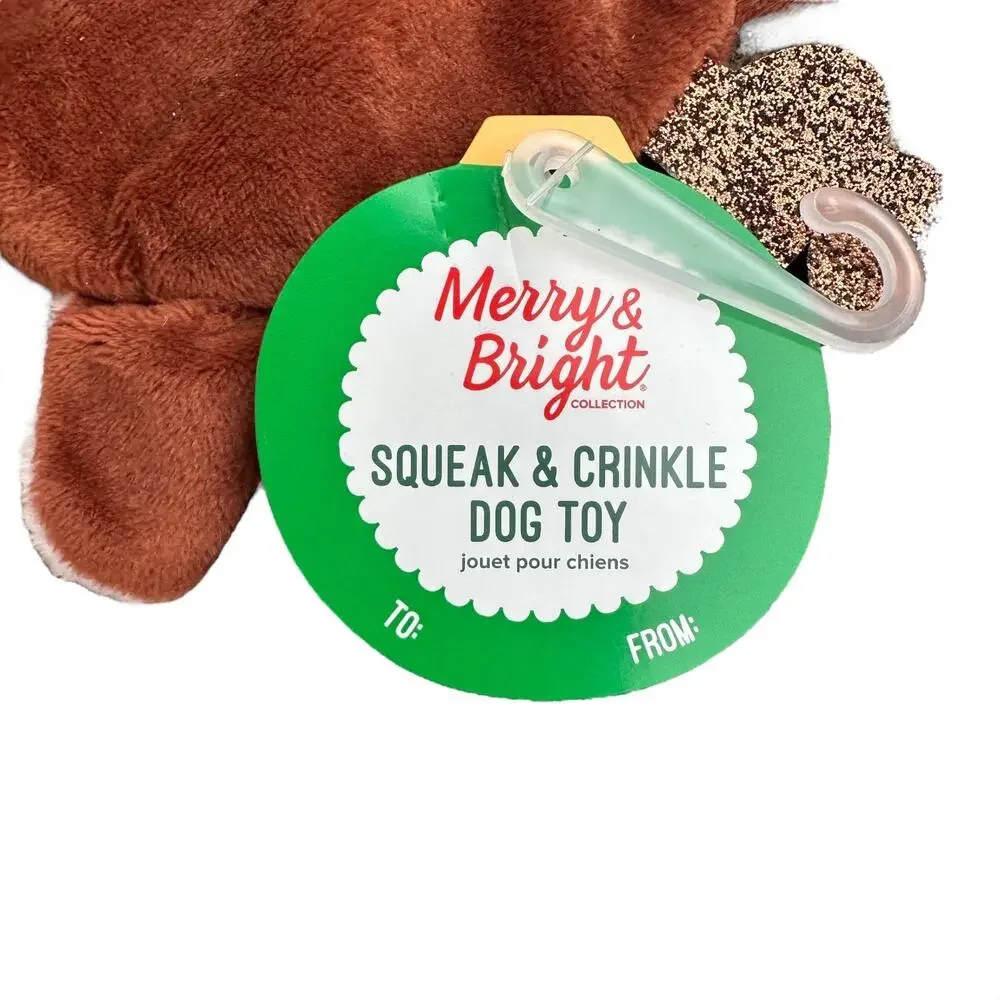 Merry & Bright Reindeer Flattie Dog Toy Squeaky Crinkle Thrash Toss Shake Winter